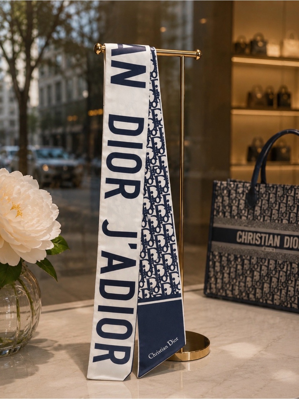 Christian Dior Navy & White Silk Twilly Scarf